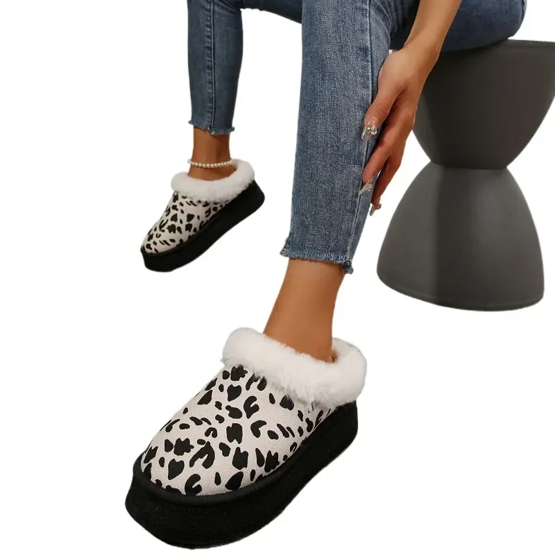 2024 Plus Size Shoes Female Closed Toe Women's Slippers Platform Warm Slippers Women Leopard Round Toe Flat with Shoes Women image 6