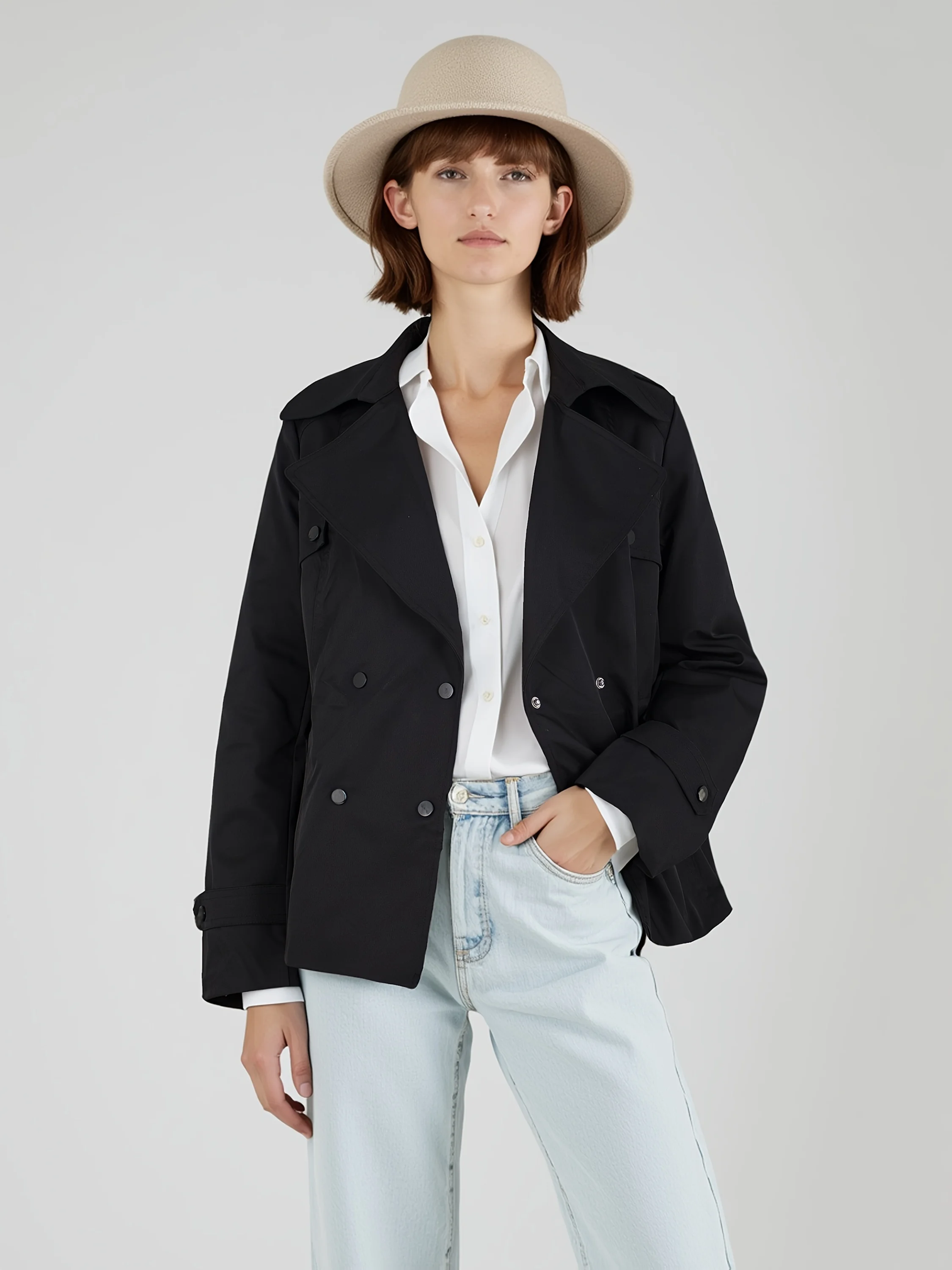 

Santelon Elegant Solid Color Long Sleeved Trench Jacket Suitable For Autumn Spring Women Lapel Double Breasted Fashion Outwear