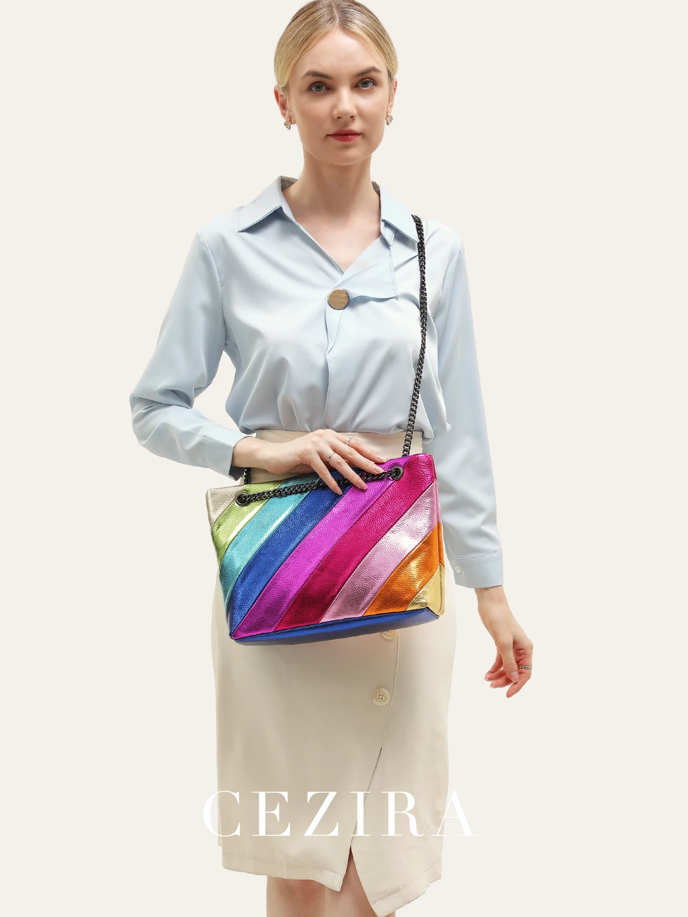 CEZIRA Metallic PU Leather Shoulder Bag Women Colorful Rainbow Stripes Patchwork Tote Large Capacity Chain Cross Body Handbags