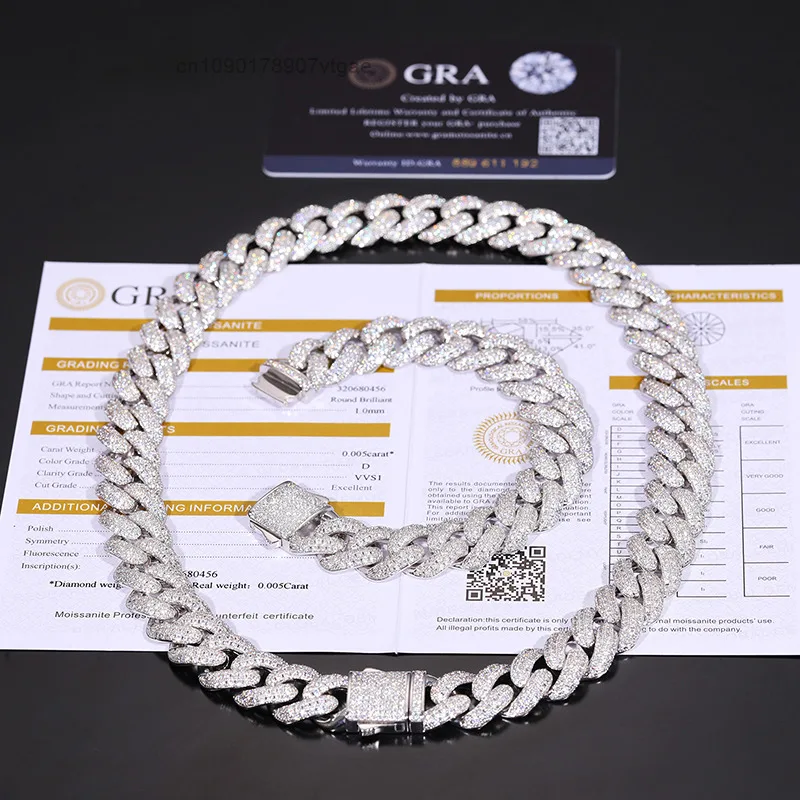 Price Factory Pass Diamond Tester 14mm 925 Sterling Silver VVS Moissanite Diamond Miami Cuban Link Chain Necklace.