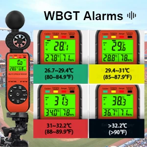 4-in-1 WBGT DIgital Anemometer Heat Index Meter 0-30m/s with Temp Humidity for Industrial Safety Outdoor Sports Black Bulb Alarm