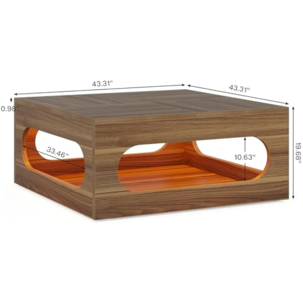 43-Inch Coffee Table with LED Light, Square Coffee Table with Storage, Wood Cocktail Table, Farmhouse Center Table