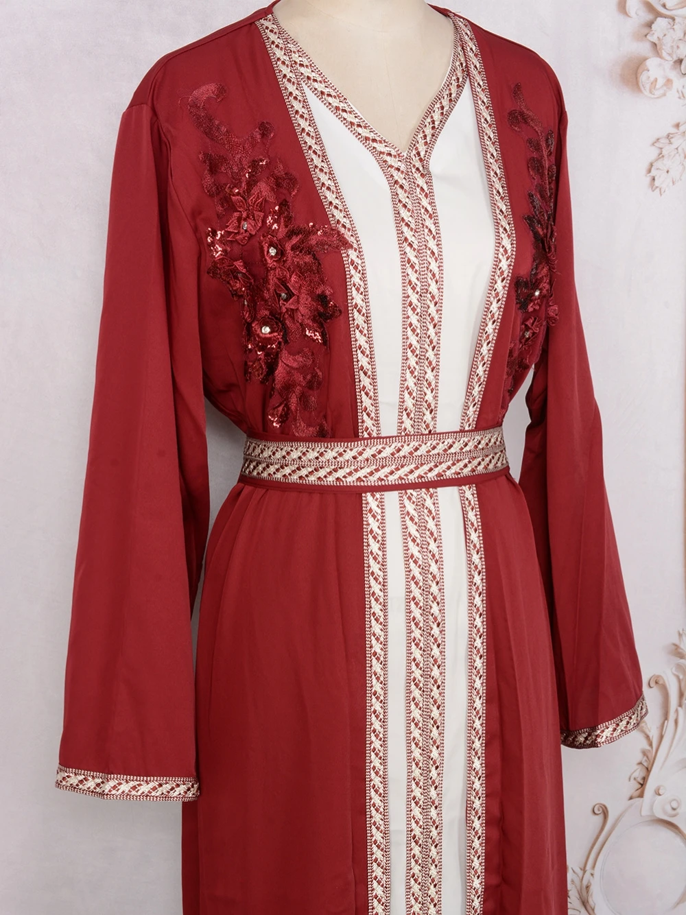 Abaya-Robe de Soirée Rouge Perlée pour Femme, Tenue de Bal Luxueuse, Marocaine, Ligne A, Élégante, Personnalisée, en Stock