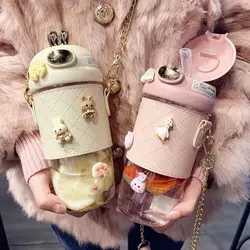 Cute Rabbit Ear Plastic Water Bottles With Straw For Girls Kids Portable Strap Student Bottle With Cup Cover Anti-drop BPA Free