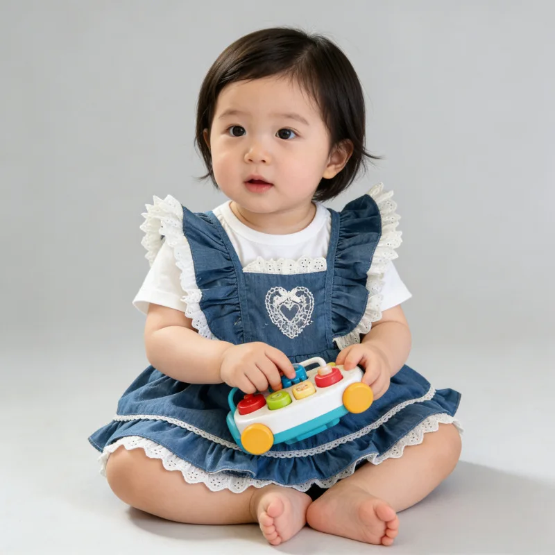 2026 Summer New Baby Girl Cute Lace Sleeve Denim Bodysuit Infant Sweet Princess Dress Toddler Jumpsuit Newborn Clothes 0-24M