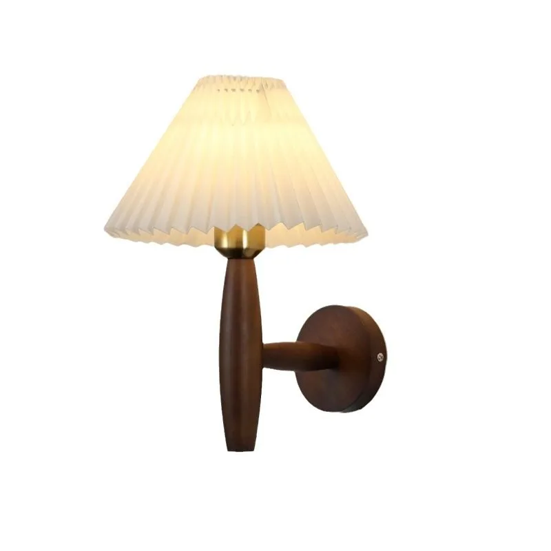 Minimalist Retro Pleated Fabric Wall Lights Living Room Solid Wood Bedroom Bedside Restaurant Hotel Indoor Lighting Lamp Sconces