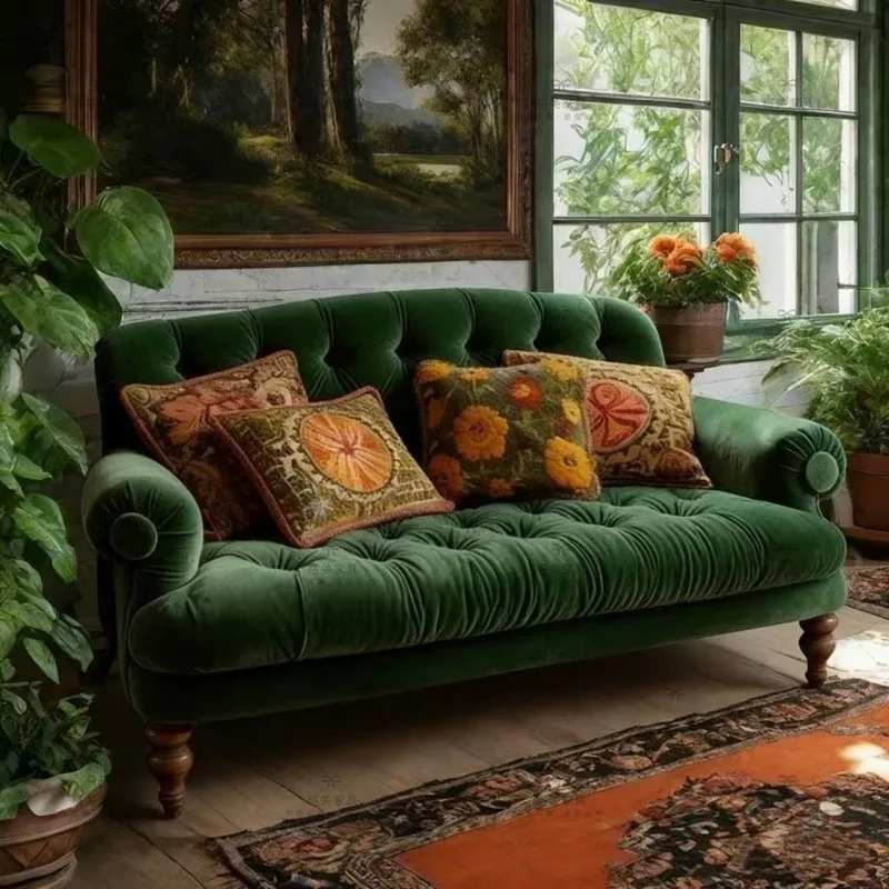 French buckle antique living room retro double sofa, American simple fabric green sofa