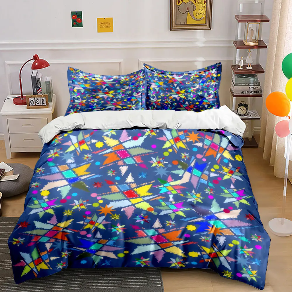3Pc Multicolor Crayon Star Geometric Duvet Cover Set, Dark Blue Background Kids Abstract Bedding Single Double King Queen,Gift