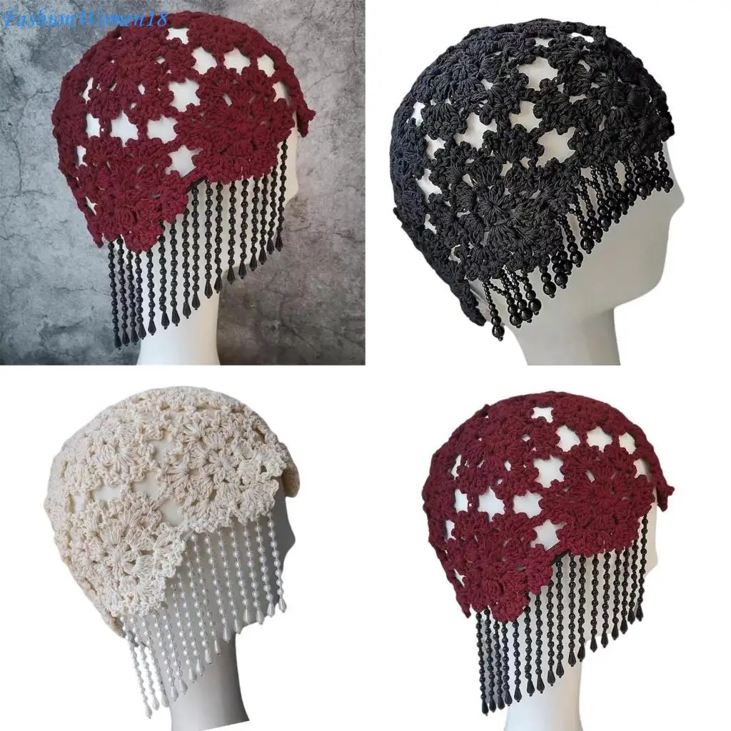 

Stylish Tassels Hat with Pearls Decoration for Women Breathable Yarn Hollow out Floral Hat Suitable for Various Occasion 57BD