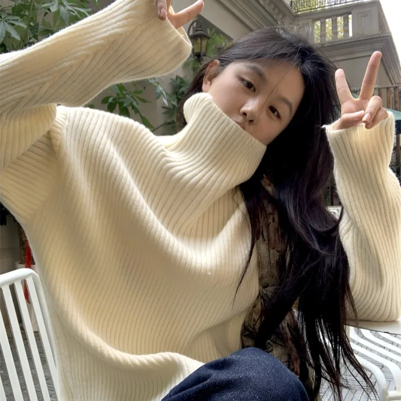 

Осенне-зимний свободный вязаный свитер с высоким воротником, универсальный, повседневный, женский базовый слой, удобный, теплый, удлиненный...