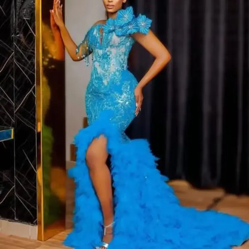 

Синее платье больших размеров с пышной многоуровневой подошвой Aso Ebi, вечернее платье для женщин в африканском стиле, платье для выпускного вечера с кисточками и бусинами по бокам
