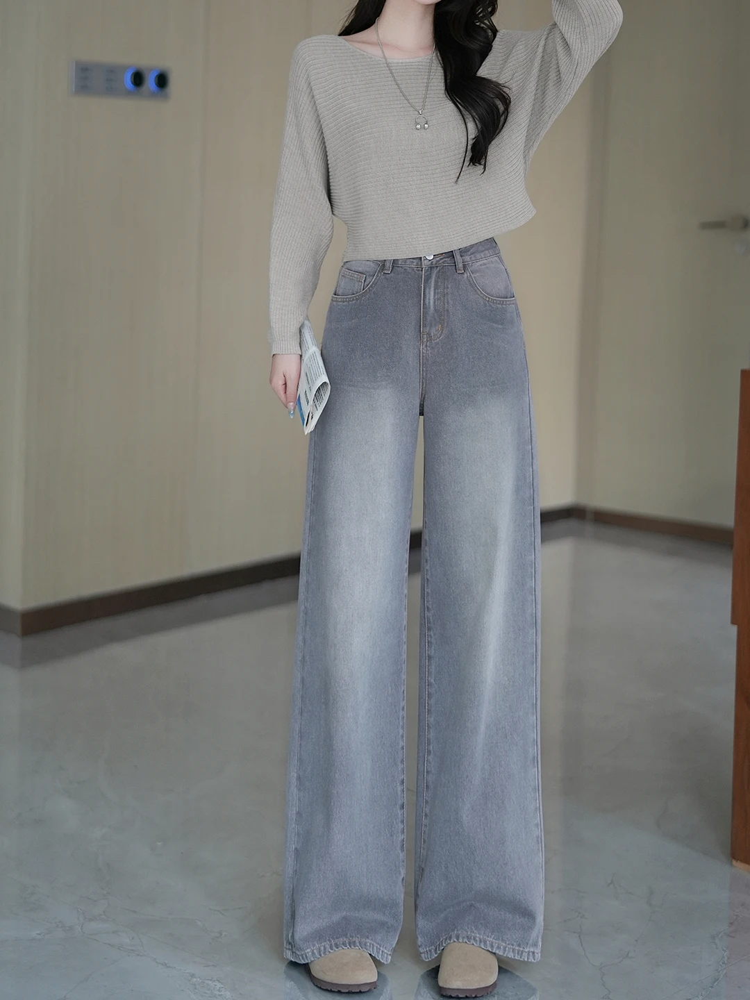 

Джинсы женские с высокой талией, широкими штанинами, свободного кроя, повседневные, в пол, в стиле ретро, осенняя новинка из Гонконга