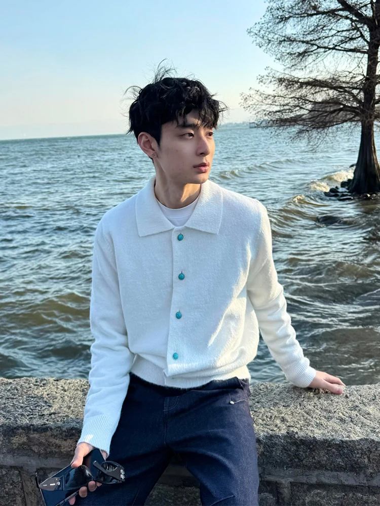 

Белый вязаный свитер из смесовой шерсти с бирюзовым оттенком, мужской, повседневный, весенний, в стиле Cleanfit, Haome Old Money, кардиган-пальто Winardigan