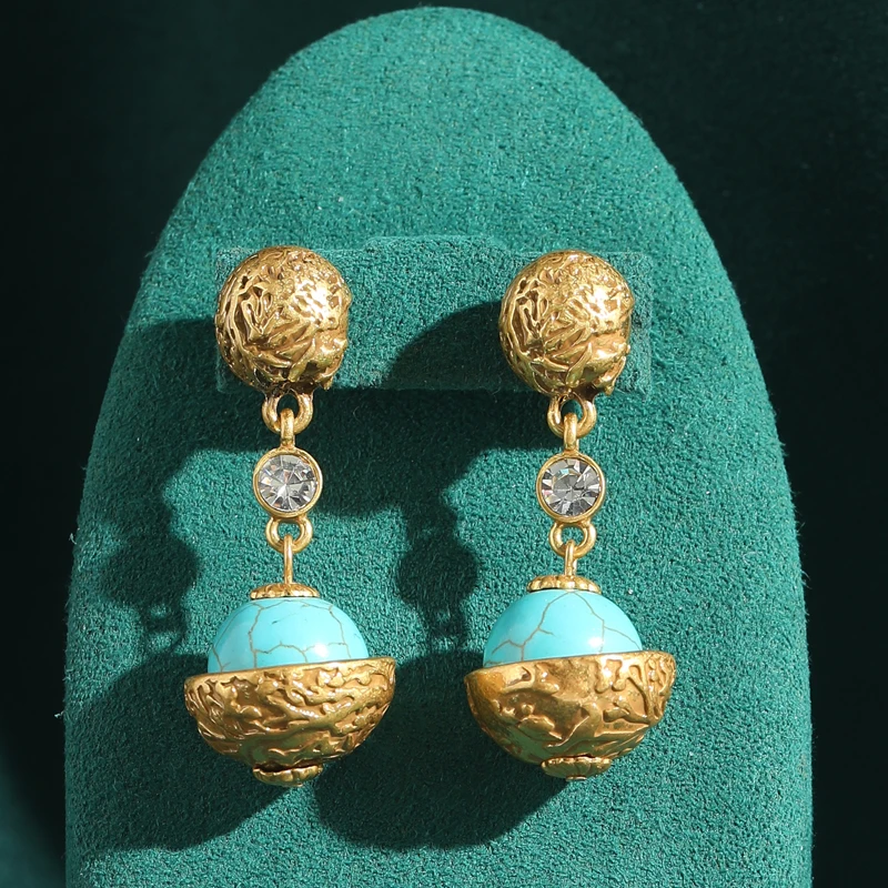 

Vintage Tibetan Turquoise Earring Large Ball Beads Drop Gold Color Accessories Luxury Designer Jewelry Woman High Quality 2025