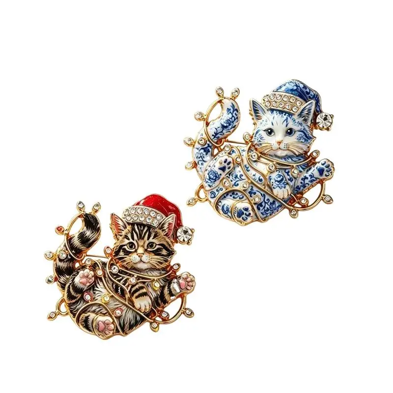 1 Stück Unisex Strass Bunte Lichter Kätzchen Neujahrs-Party Brosche Niedliche Weihnachts-Katzenbroschen für Frauen – Detail 7