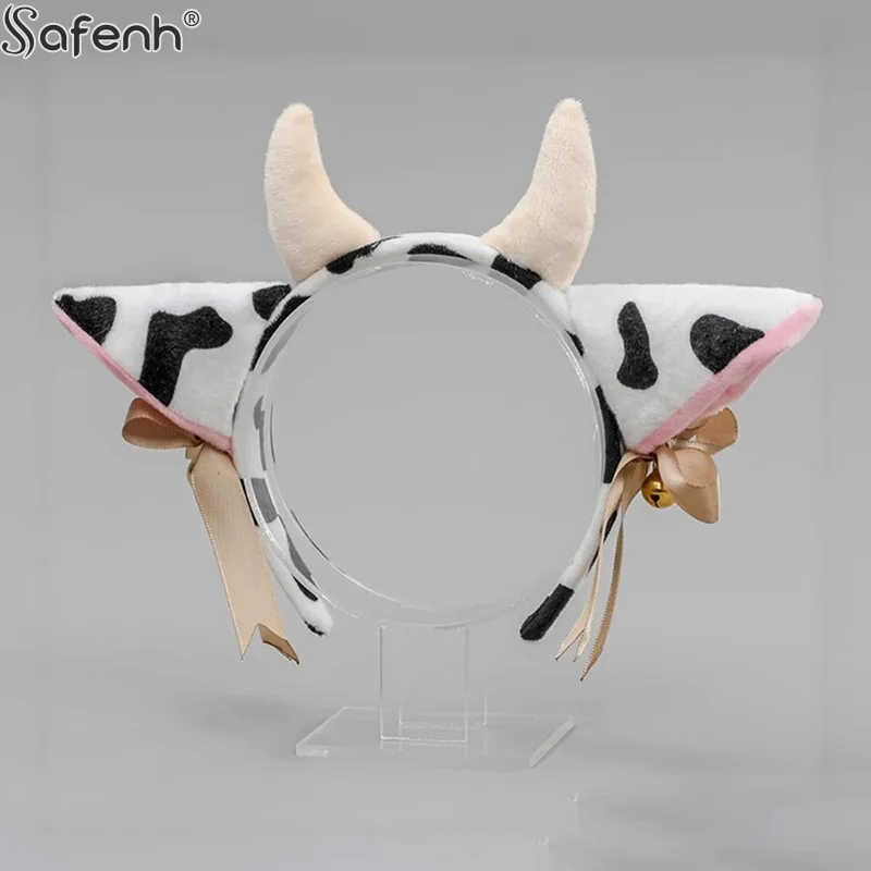 1 Set Animal Party Cosplay Costume Plush Cow Ears Horn Headband With Small Bells Ribbon Bow Anime Lolita Hair Hoop Girl Gifts
