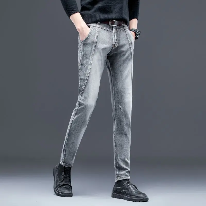 2026 New Men's Stretch Jeans Gray Slim Fit Small Feet Anti-wrinkle Business Skinny Trousers Male Clothing Denim Pants
