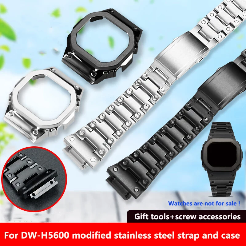Modified Solid Stainless Steel Strap Bezel For Casio DW-H5600 watch Bluetooth Heart Rate Set Watchband Case men metal Bracelet