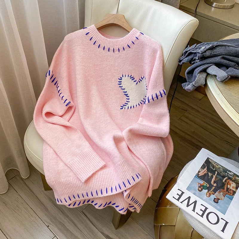 

2023 Autumn Winter Women Pink Sweater Long Sleeve O-Neck Heart Pattern Knitted Pullovers Loose Stitching Sweatshirt