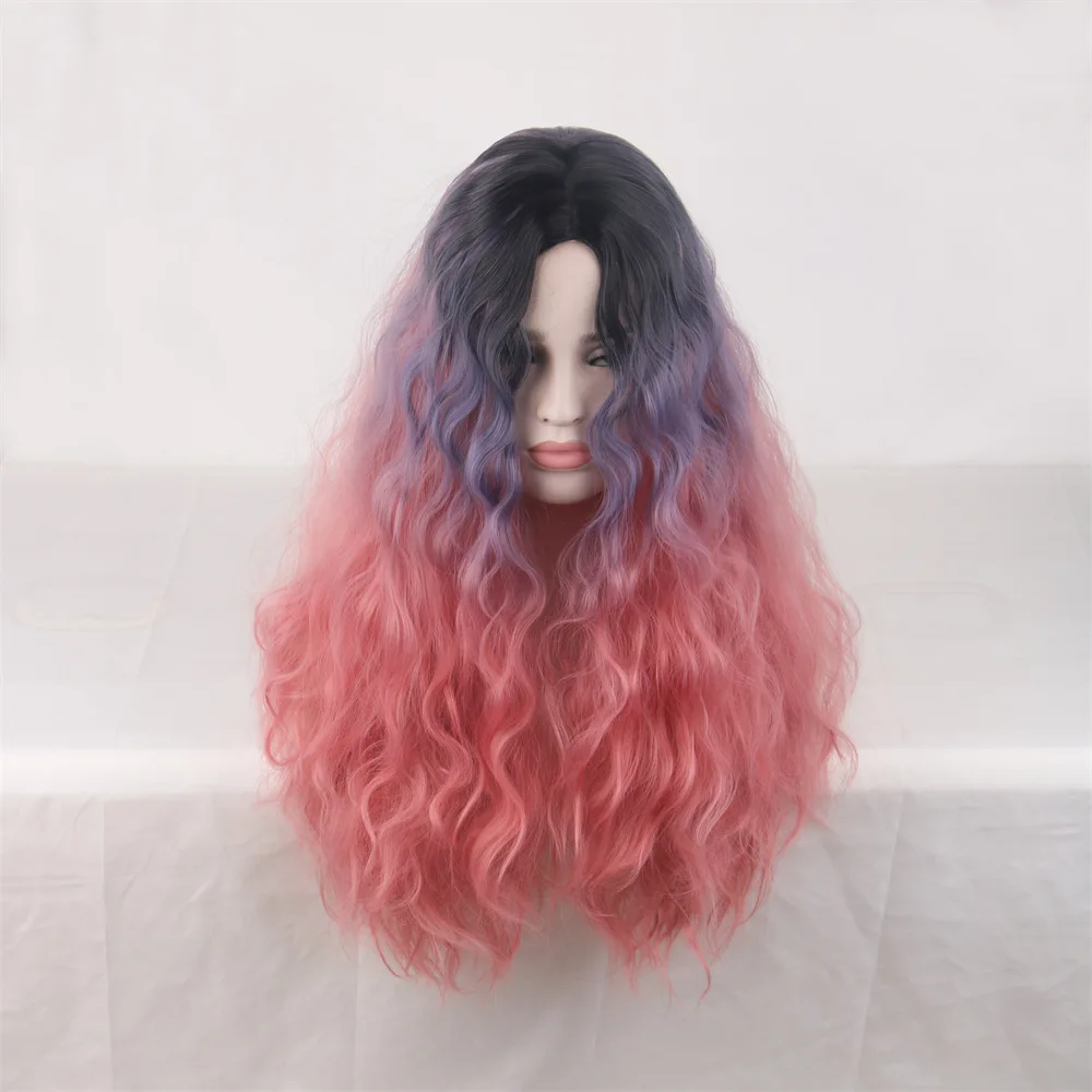 Pink gradient corn whisker set synthetic fiber medium length curly hair cover large wave high-temperature silk wig