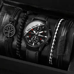 5PCS/4PCS Fashion Men's Business Watches Casual Leather Band AnalogQuartz Watch Vintage Bracelet Set(Without Box)