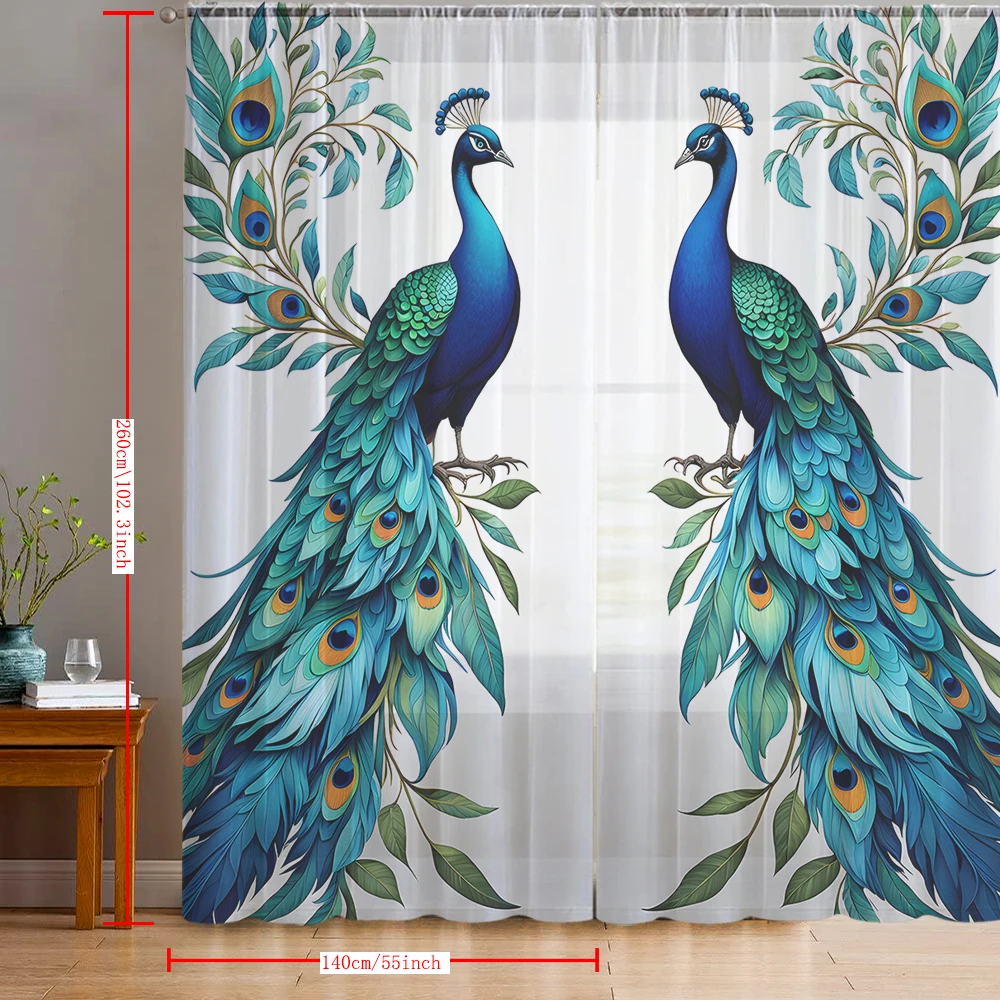2PCS Home decoration with blue-green peacock print window screens and pole bags, suitable for kitchens, cafes, and living rooms