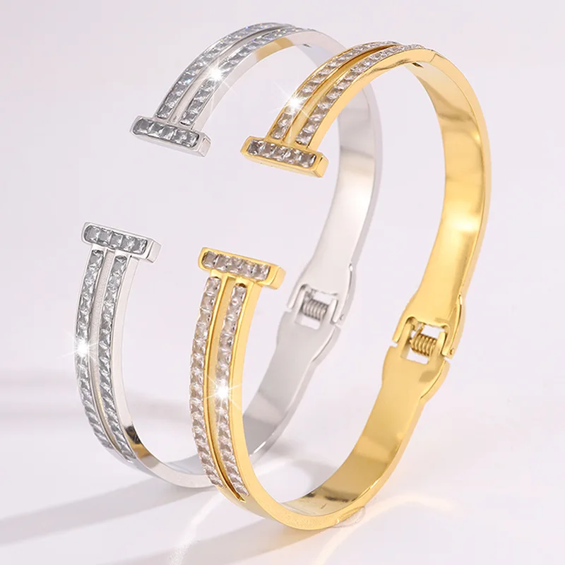 

Stainless Steel Bangle Bracelet for Women, Gold Silver Cuff with Sparkling CZ Crystals, Elegant Fashion Jewelry Gift Accessories