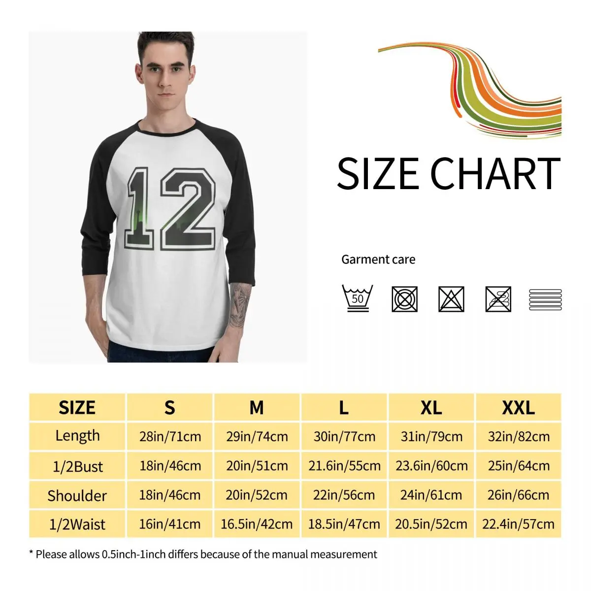 12 Man Men's 3/4 Sleeves Baseball T-Shirts 100% Cotton Raglan Tee