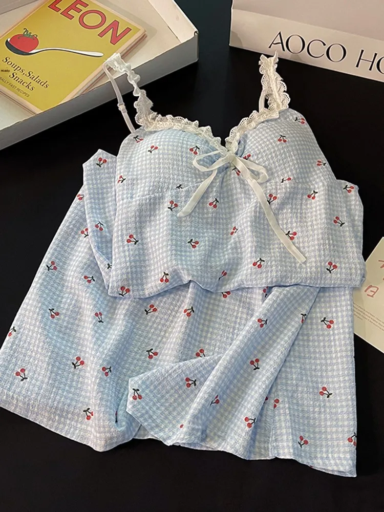 

Princ Sle Cotton Spwear Women's Summer Cherry Print Lace Trim Sweet Home Clothes Strap Design Mid-Length Dr