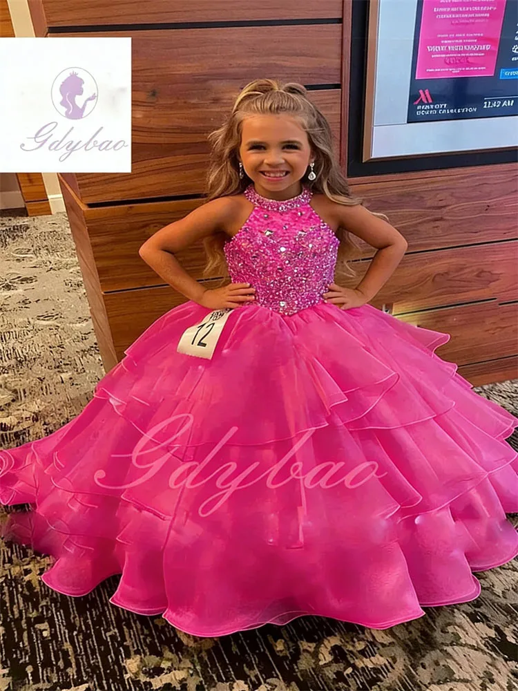 Luxury Champagne Flower Girl Dress For Wedding Beading High Collar Layered Puffy Kids Evening Party Birthday Gown Customized