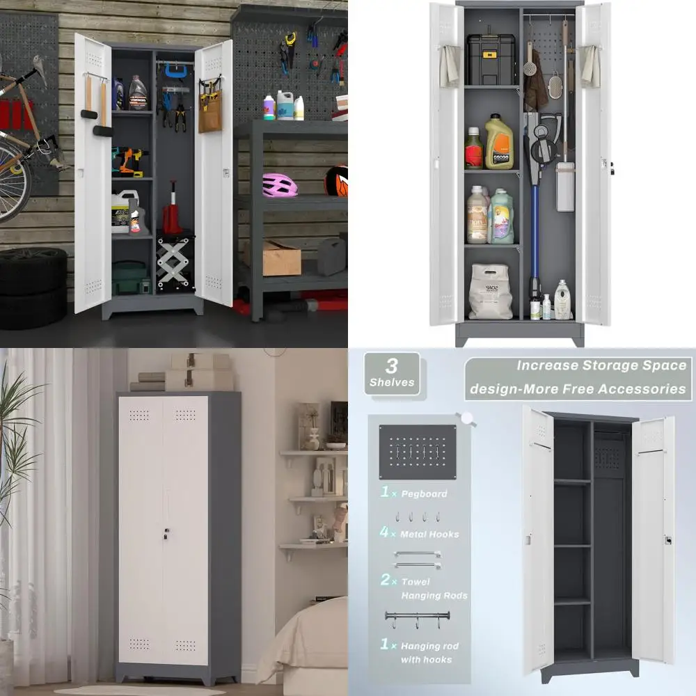 

Прочный металлический шкаф для хранения на 65 предметов с замком, серо-белый, для прачечной, гаража, офиса или склада