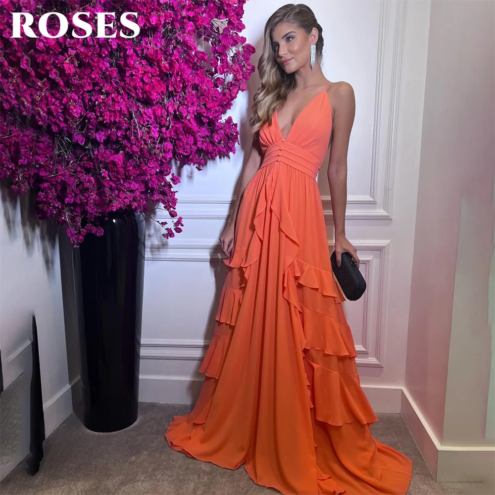 

ROSES Spaghetti Strap Chic Woman Evening Dress Gown Orange Chiffion Ball Gown Tiered Button Night Dresses Gown robes de soirée