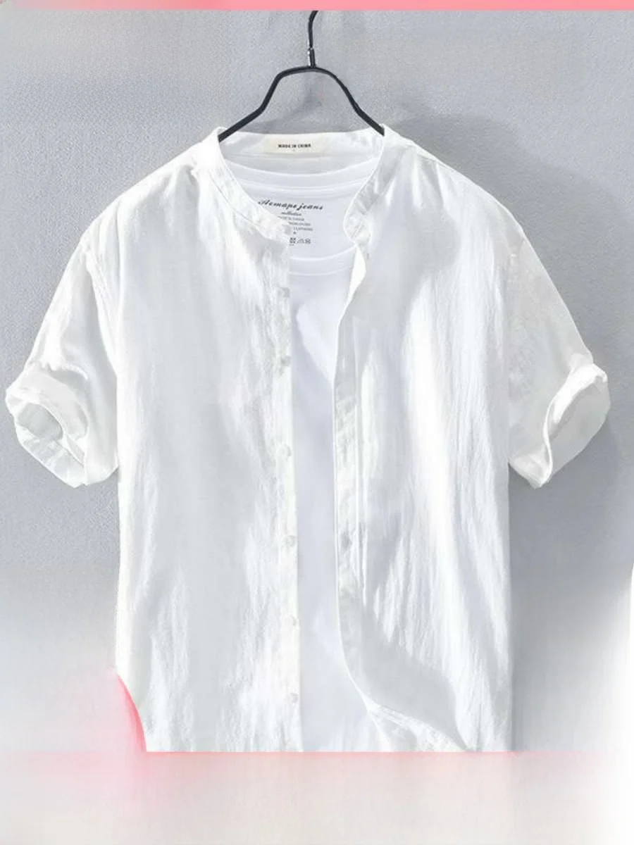 

New Men's Linen irt ort Sve Stand Collar Summer Thin Loose Cotton Linen Casual White irt Fre Sle Travel Wear