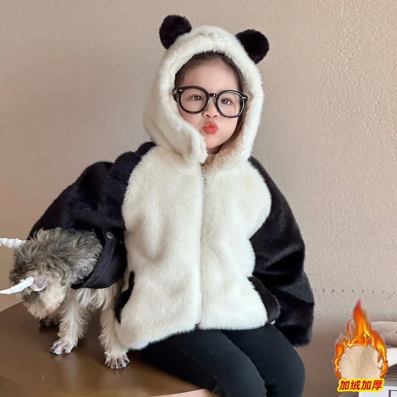2025 Autumn Winter Baby Cartoon Fluffy Panda Fleece Coat Boys Girls Soft Warm Cotton Outwear Baby Plush Thickened  Hooded Jacket