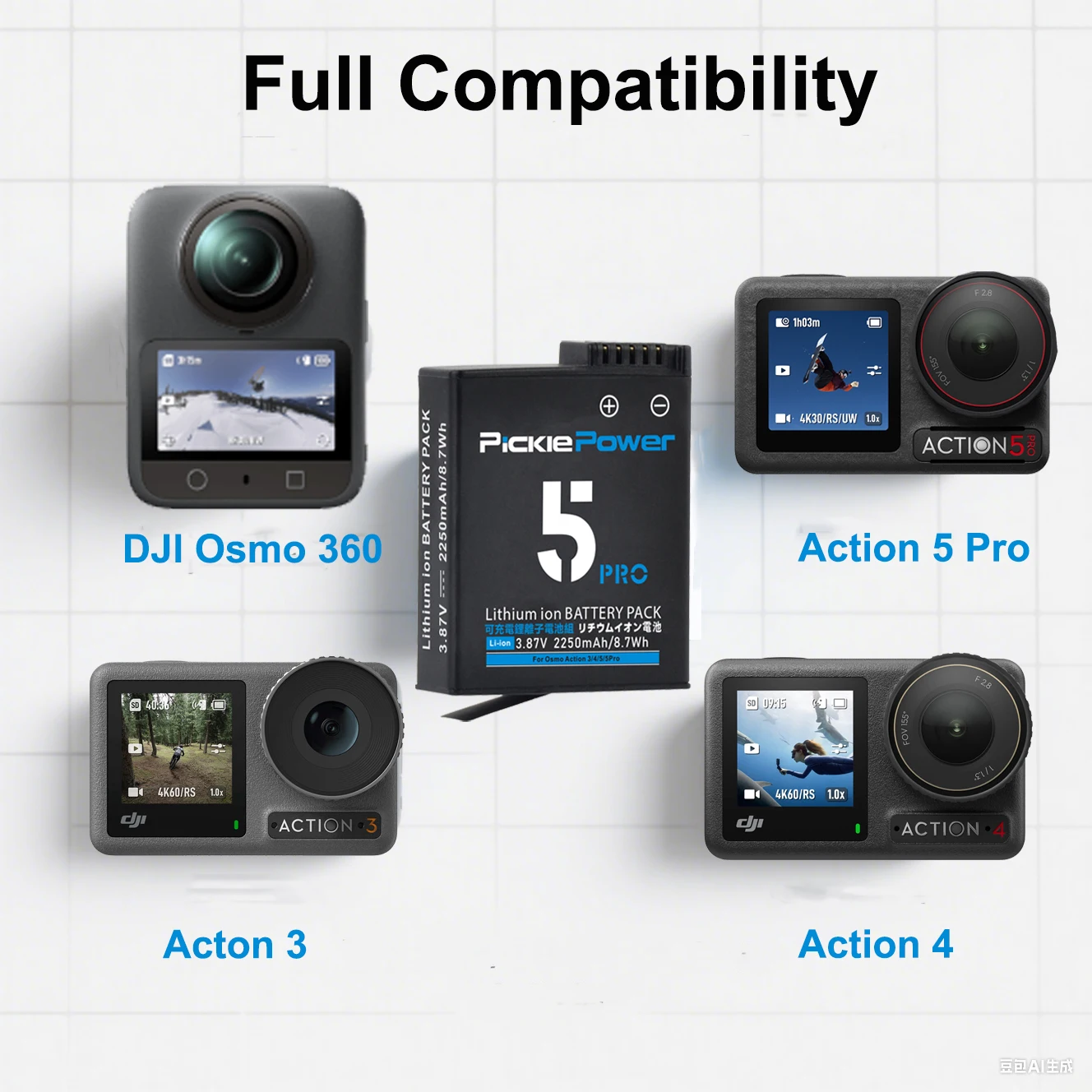 PicklePower 2250 mAh Ersatzakku für DJI Osmo Action 5 Pro/4/3, Osmo 360, Ladebox für DJI 3/4/5Pro Zubehör