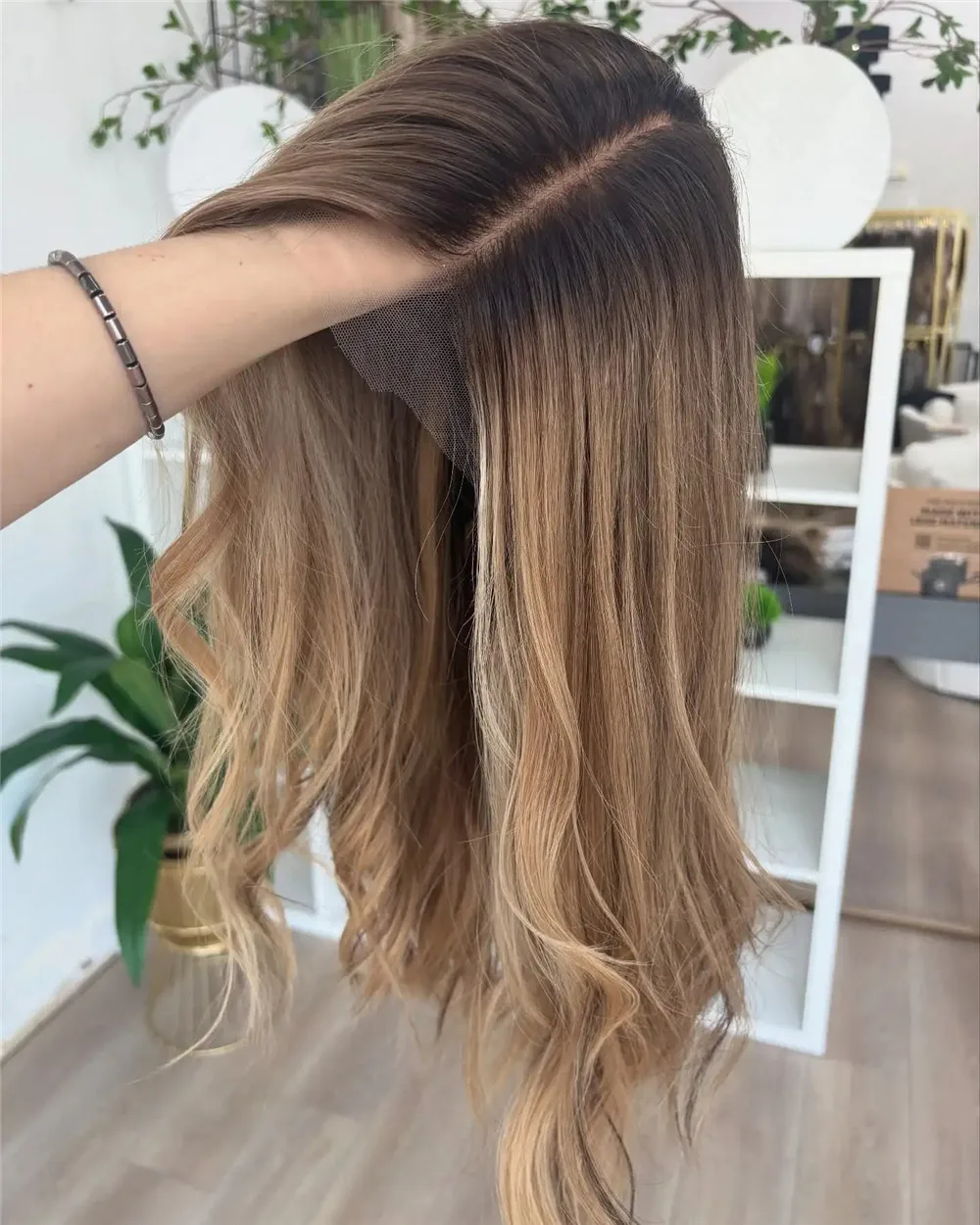 Brown Dark Roots Glueless Wigs for Women Slightly Wave HD Lace Front Synthetic Highlights Wig Realistic Long Shoulder Hairstyles