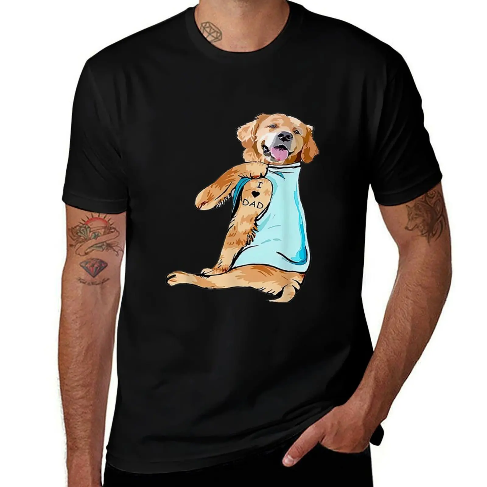 Golden Retriever Tattoo I Love Dad Fathers Day T-Shirt Soft Touch Basic Cotton T-Shirt