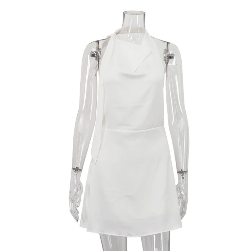White Halter Backless Dresses Spring Women Sleeveless Satin Lace Up Dress Autumn High Waist Zipper Slim Neck Mounted Mini Dres