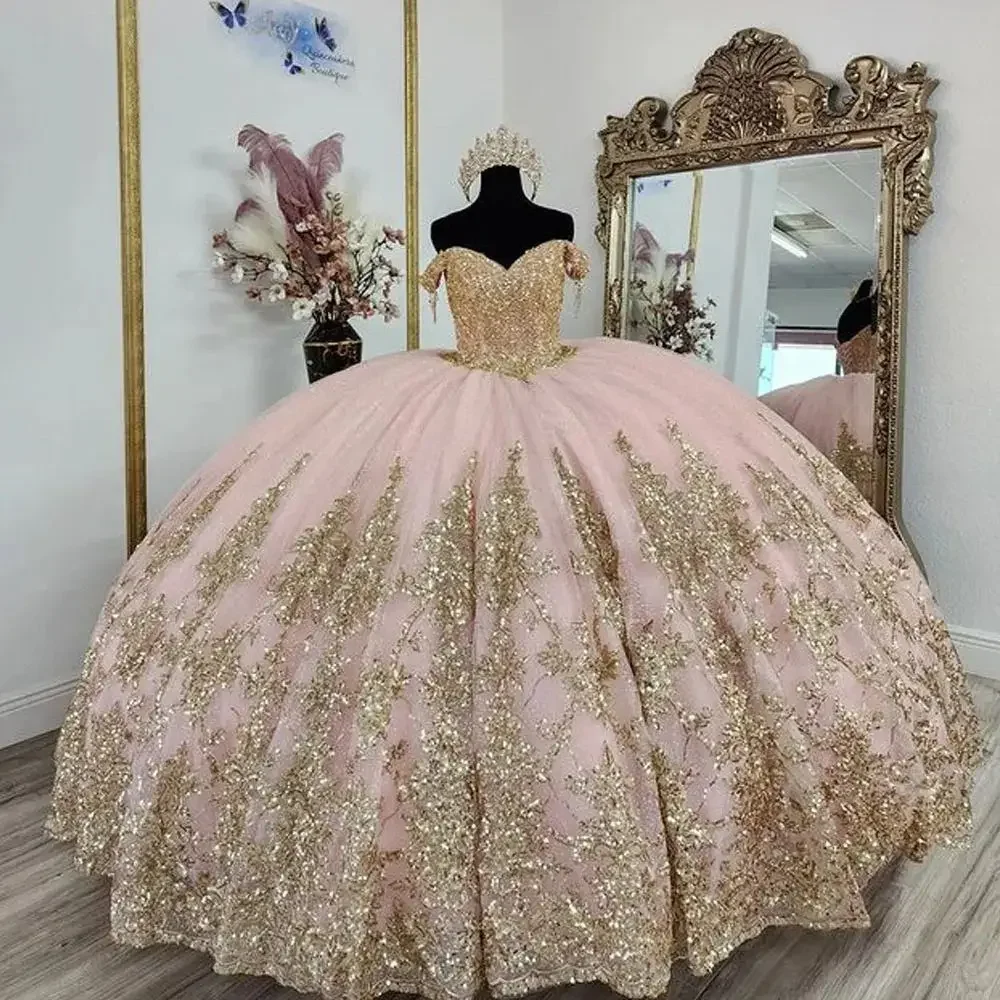 Angelsbridep Customized Pink Ball Gown 15 Year Old Quinceanera Dresses Shiny Gold Appliques Girls Party Dress Vestidos De Festa