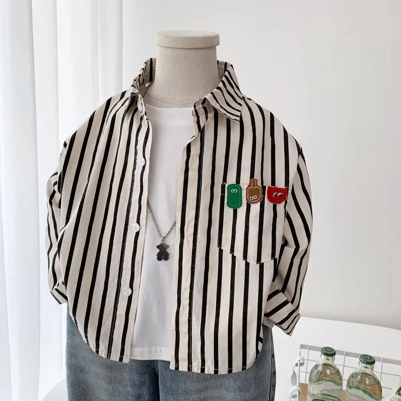 Korean Boys Striped Shirt Long-Sleeve Lightweight Stylish Cotton Thin Blouse Spring Autumn Casual Daily Kids Tops Clothes 2-6Y