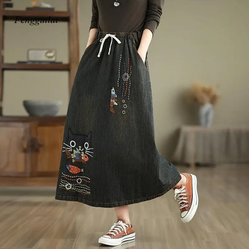 Retro Cartoon Animal Embroidery Denim F Skirt Thin Spring Summer High Waist Elastic Waisand Vintage Patchwork Slimming