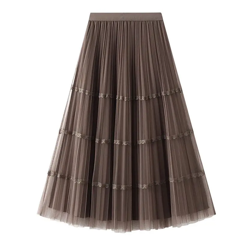 

lace spliced pleated skirt skirt with two sides mid-length high-waisted slim gauze skirt A-line skirt