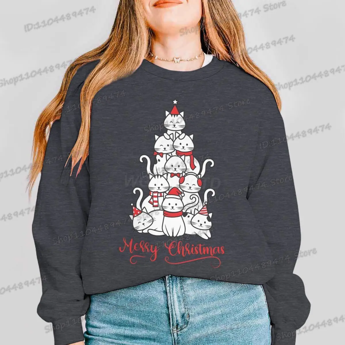 عيد ميلاد سعيد القطط شجرة هوديس الكرتون عيد الميلاد حزب بلوزات الرجال النساء جولة الرقبة الصوف الخريف الشتاء Y2K البلوز