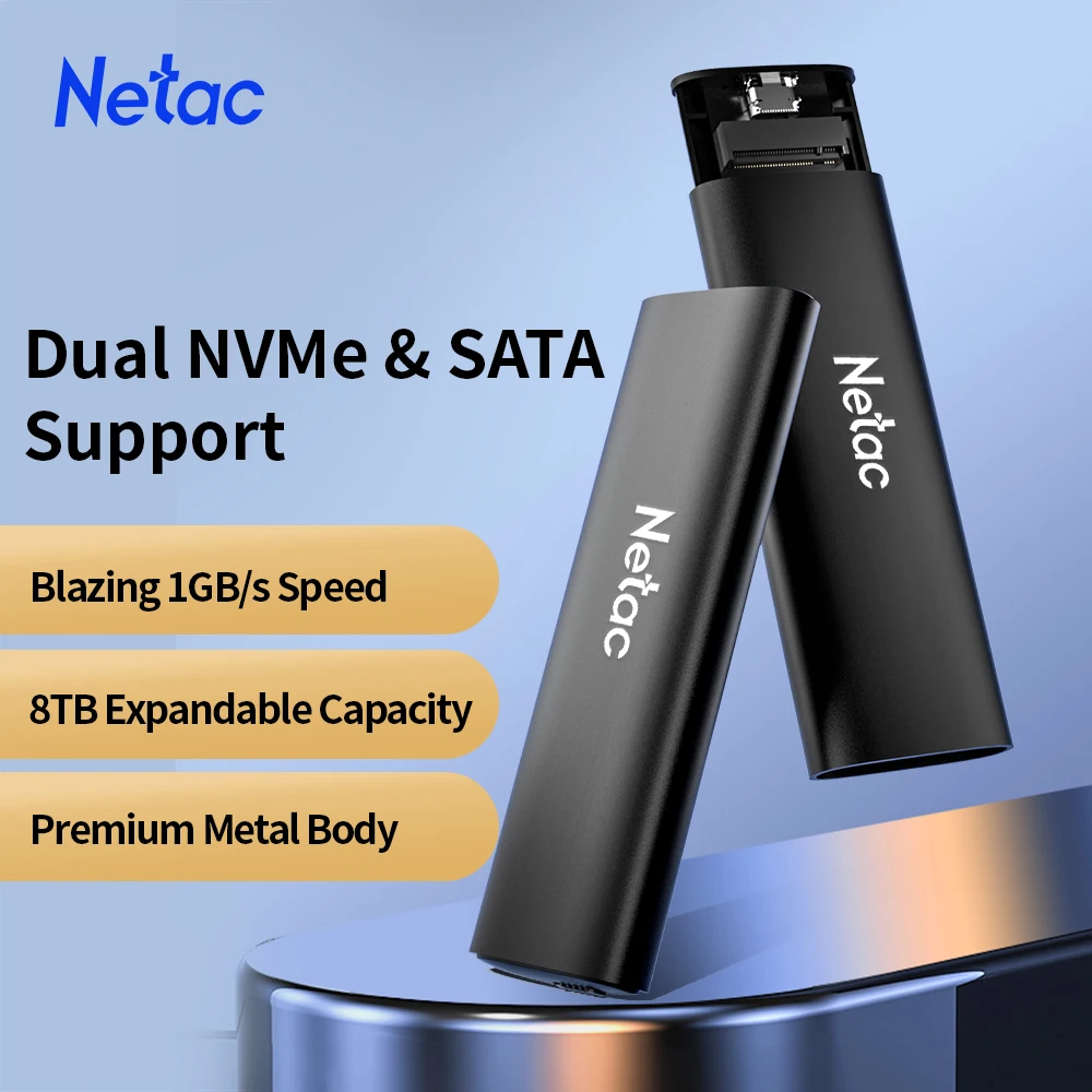 Netac M.2 NVME 2280 2242 SSD Enclosure Adapter USB 3.2 Type-C up to 10Gbps Dual-Protocol SATA SSD External HD Case Support 8TB