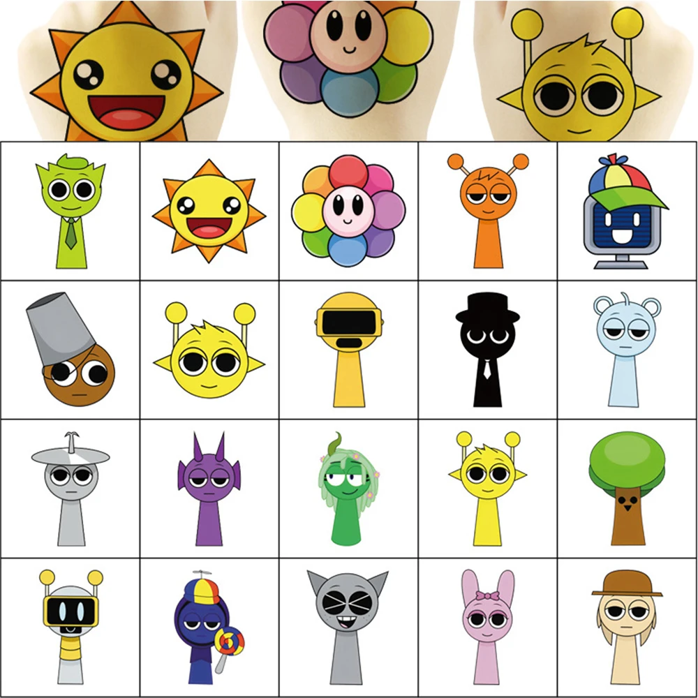 

20pcs Cartoon Sprunki Music Game Tattoos Stickers Funny Temporary Waterproof Fake Tattoos Decals for Kids Party Decoration Gift