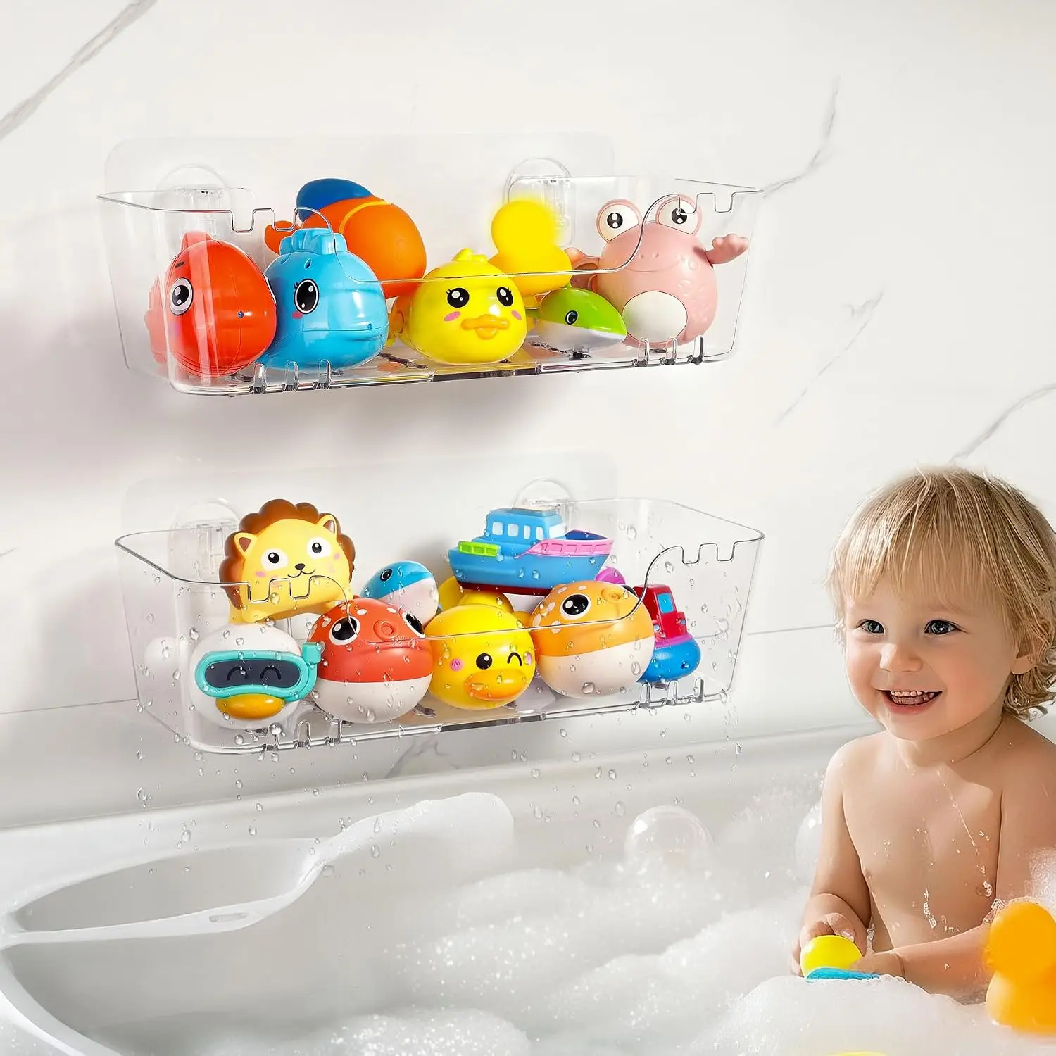 2Pcs Thick Clear Bath Toy Storage Baskets with Drain Holes, Quick Dry Plastic Organizer, Easy Install & Clean Shower Caddy Gift