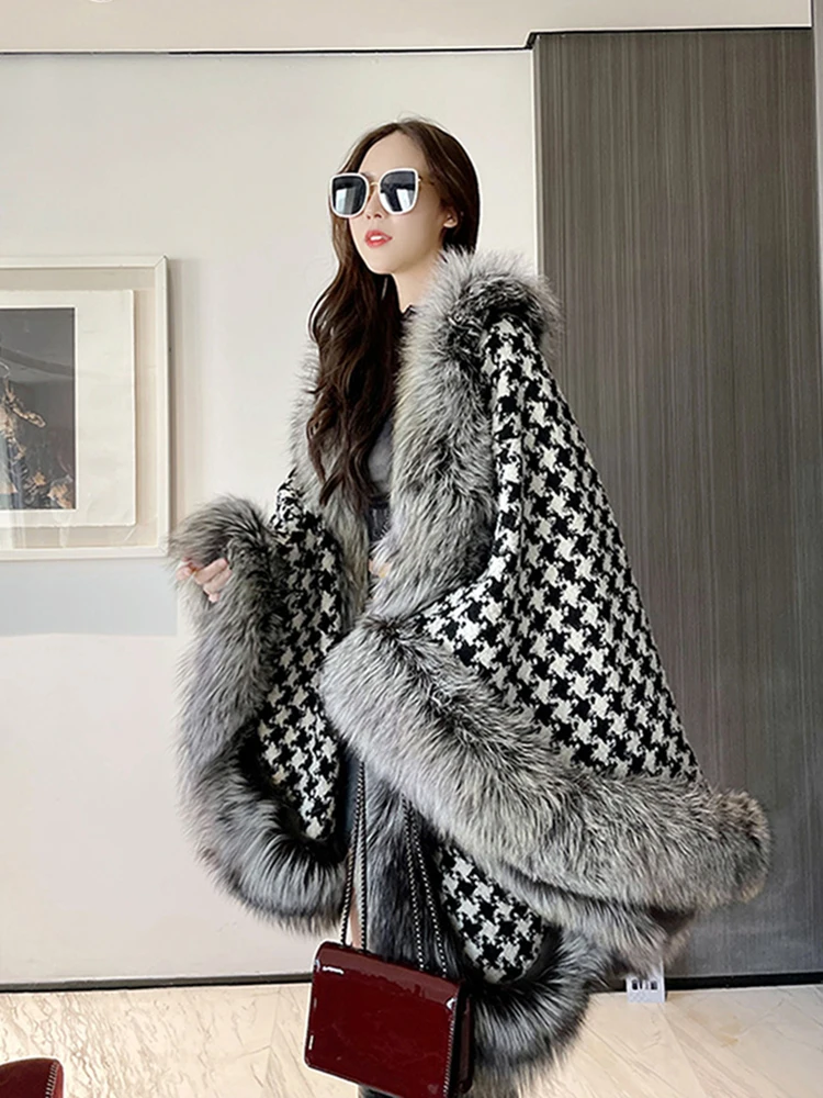 ZADORIN Autumn Winter Luxury Faux Fur Coat Women Elegant Houndstooth Tweed Warm Big Poncho Fur Shawl Cape Women Party Outerwear