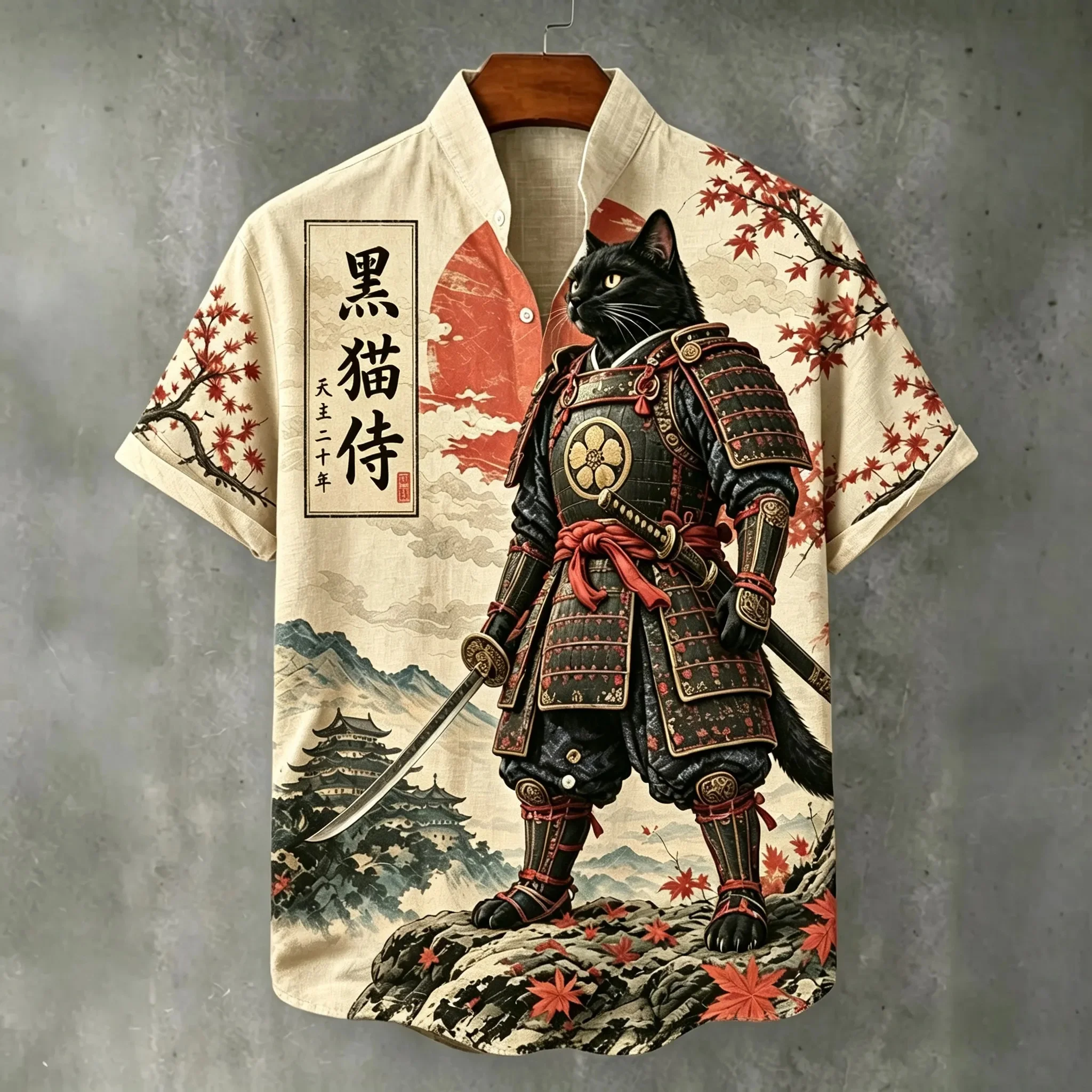 Black Cat Warrior Men's Casual Shirt Short Sleeve Full Print Stand Collar Vacation Flower Top for Ancient Architecture Fans