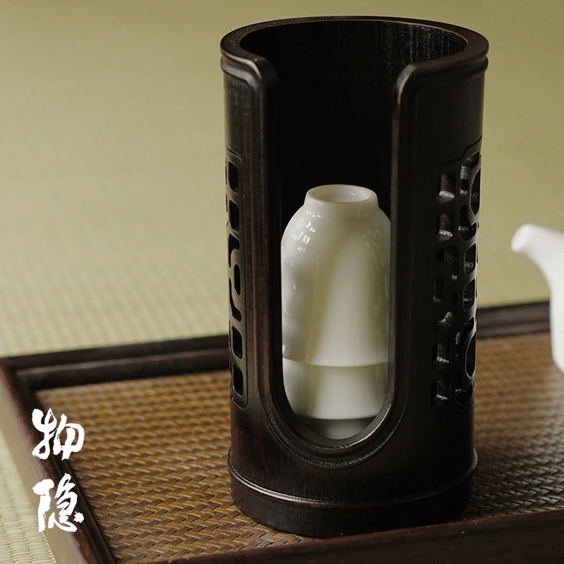 

WuYinTang Hand-carved Hollow Bamboo Lotus Tea Cup Storage Rack Traditional Chinese Style Bamboo Cage Tea Cup Holder