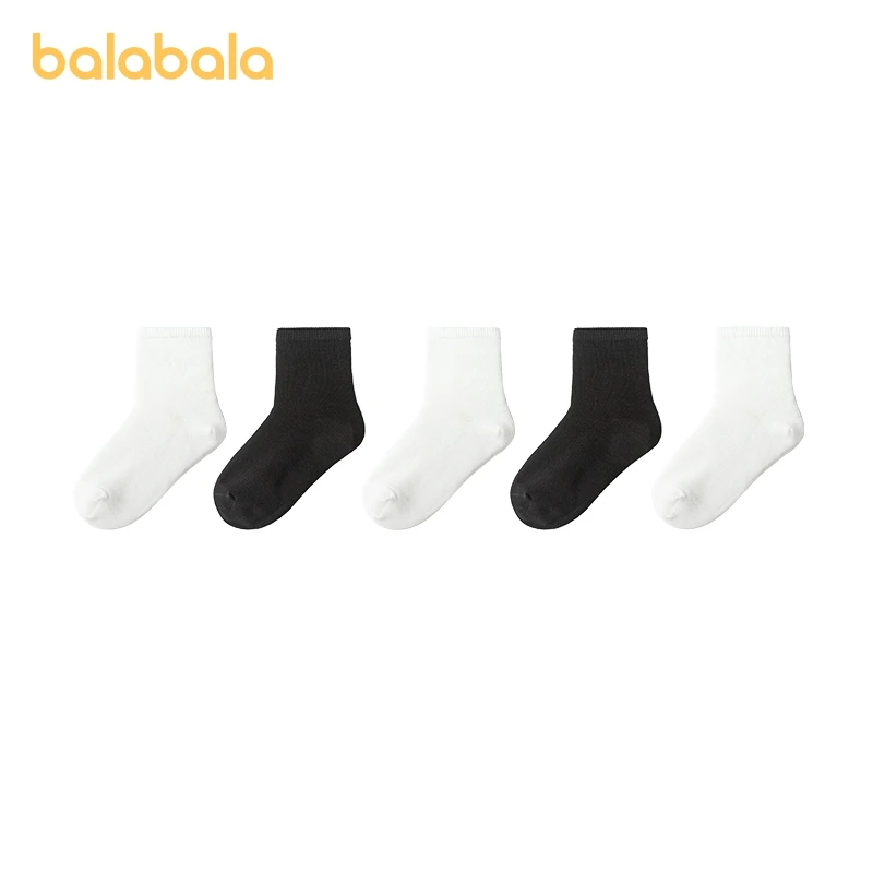 Balabala 5 Pairs Socks Boys Girls 2024 Spring Autumn New Cotton Mid-Calf Socks Solid Colors Comfortable Five Pairs Pack